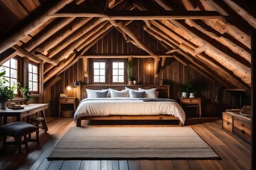 Obraz na płótnie Canvas cozy wooden attic bedroom with rustic charm.