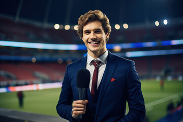 Fototapeta premium Male reporter with microphone at the stadium