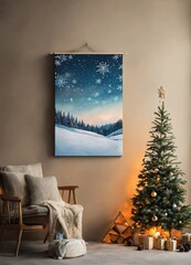 plain canvas mockup hanging on a wall, with a winter Christmas background