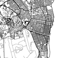 Vector road map of the city of Khobar in the Kingdom of Saudi Arabia with black roads on a white background.