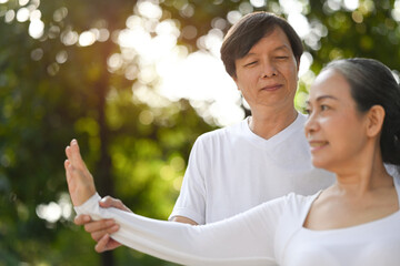 Shot of active middle aged couple practicing posture during Tai Chi class in the park.