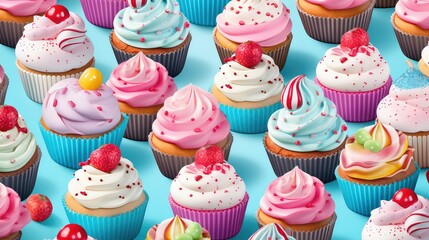 bakery color cupcake food illustration frosting sprinkles, chocolate strawberry, lemon blueberry bakery color cupcake food - obrazy, fototapety, plakaty