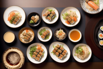 japanese cuisine. sushi and rolls on the table in the restaurant. Generative AI