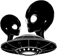 black silhouette of Spaceship UFO emblem intergalactic traveler humanoid in flying saucer alien guest ufological mysterious style vector illustration