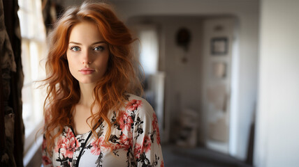 Beautiful redhead modern young women at apartment background