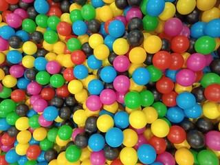 Lots of colorful bright plastic balls photography. Mix little bubbles for dry pool blue red yellow black purple green. Print pattern design abstract background. Children's game room