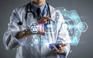 Futuristic Healthcare Doctor Interacting with Digital Medical Interface (3D Rendering