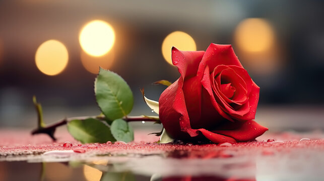 Red Rose on the Ground with Blur Bokeh Background. Valentine's Day, Lonely Day, Breakup, Wedding, Mother's Day, Women's Day, and Marriage Celebration. Banner or Poster Design