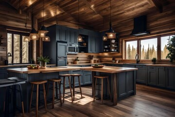cozy wooden cabin interior with modern kitchen.