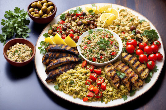 Mediterranean cuisine. Couscous with grilled chicken fillets and vegetables on plate. Generative AI