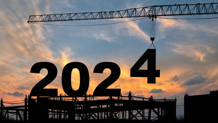 crane lifting number 4 come down to 2024 , prepare for welcome beginning new year 2024 with silhouette construction site , sunrise sky at background for start and reach new goals for year 2024. - obrazy, fototapety, plakaty