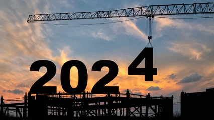 Fotobehang crane lifting number 4 come down to 2024 , prepare for welcome beginning new year 2024 with silhouette construction site , sunrise sky at background for start and reach new goals for year 2024. © asiandelight