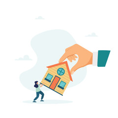 A bankrupt girl fights to hold on to her house with a big legal hand, it is legally evicted, evicted and foreclosed on. Vector illustration.

