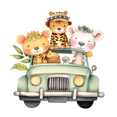 Cute Little Safari Animals In Car Watercolor Clipart Illustration