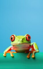 Naklejka premium Multicoloured frog looking frame on a blue background, banner with space for your text