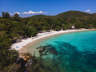 Fototapeta premium Koh Samet Island Thailand, aerial drone view from above at the Samed Island in Thailand with a turqouse colored ocean and a white tropical beach from above drone view