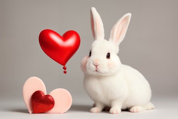 Happy Valentine's Day. White Rabbit with a Red Heart on white background.