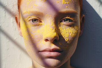 Artistic portrait of a woman with yellow powder on face and shadow play
