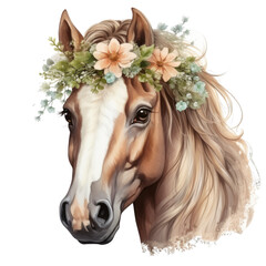 Portrait, head horse with Flowers. Watercolor Illustration isolated on transparent background.