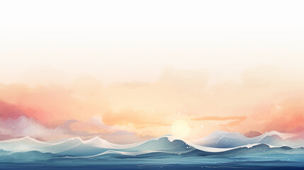 Fototapeta na wymiar Waves at sunrise in watercolor, clipart style