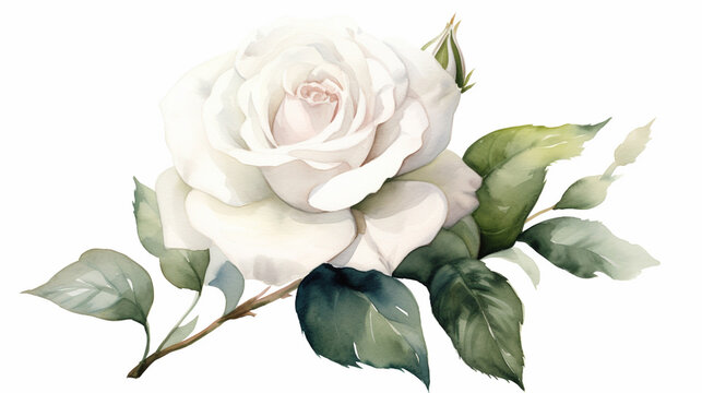 A white rose on a white background in watercolor for the wedding, clipart style