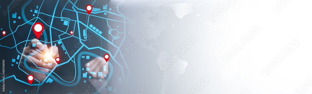Poster man using smartphone with virtual world and model map with location point, gps app, icon travel maps