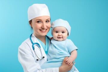 Smiling doctor with small baby isolated on a light blue background