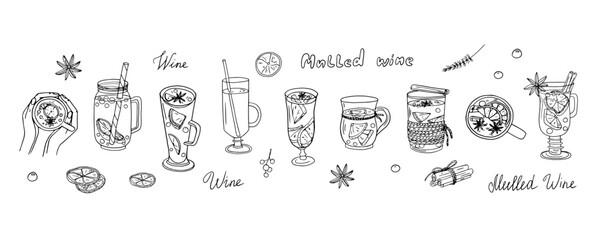 Set of mulled wine in glasses or mugs of different sizes and shapes. Cinnamon, orange, berries. Alcoholic and non-alcoholic drinks. Traditional drink in winter, before Christmas. Hand drawn