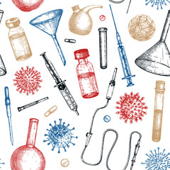 Fototapeta na wymiar Antiviral therapy and vaccination background. Hand drawn vector illustrations. Vaccine in bottles, laboratory equipment, different virus sketches. Medicine seamless pattern . Covid-19 drawing