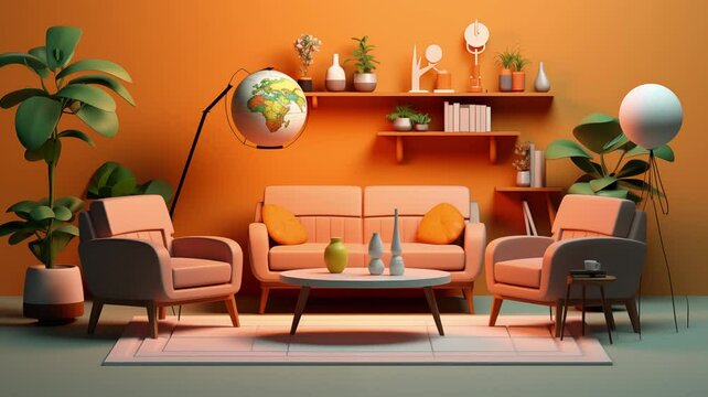 The family room is depicted in a minimalist 3D display featuring a sofa, green plants, plant pots, and bookshelves, all presented against a bright orange backdrop in a horizontal video format.