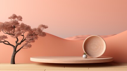stylish promotional wooden round presentation mockup in peach tones, peach fuzz color, banner