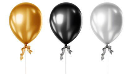 set of helium balloons (gold, black, silver) with ribbon isolated on white backgroun