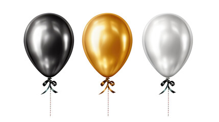 set of helium balloons (gold, black, silver) with ribbon isolated on white backgroun