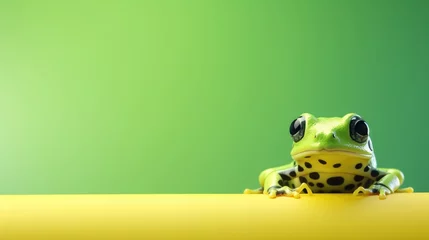 Schilderijen op glas A little green frog sits on a yellow table on a green background a banner with space for your text © Alina Zavhorodnii