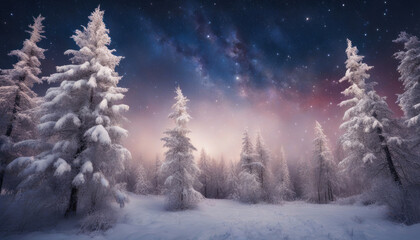 Fototapeta na wymiar Enchanted Winter Night Snow-Covered Fairy Forest under the Moonlight