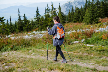 Nordic walking concept with poles in mountains, girl traveling one side view, man walking on...