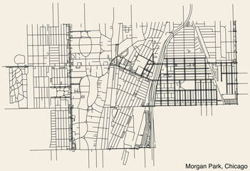 Detailed hand-drawn navigational urban street roads map of the MORGAN PARK COMMUNITY AREA of the American city of CHICAGO, ILLINOIS with vivid road lines and name tag on solid background