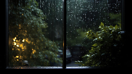 Summer rain behind a wet window