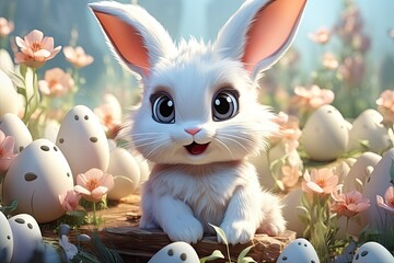 Cute rabbit sitting in a sunny meadow. Complete with flowers and pastel Easter eggs.by Generative AI