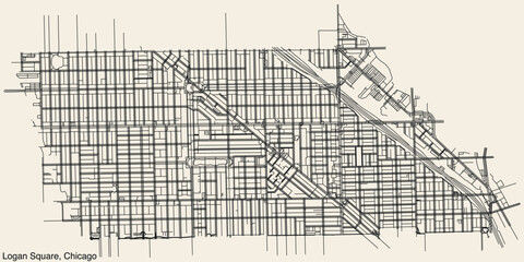 Fototapeta na wymiar Detailed hand-drawn navigational urban street roads map of the LOGAN SQUARE COMMUNITY AREA of the American city of CHICAGO, ILLINOIS with vivid road lines and name tag on solid background