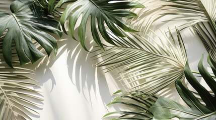 Palm leaves, bathed in sunlight through a window. Tropical, serene and nature-inspired design for interiors, relaxation and creative expressions. On a sunlit canvas with a touch of botanical elegance