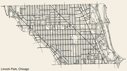 Fototapeta na wymiar Detailed hand-drawn navigational urban street roads map of the LINCOLN PARK COMMUNITY AREA of the American city of CHICAGO, ILLINOIS with vivid road lines and name tag on solid background