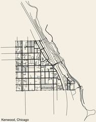 Detailed hand-drawn navigational urban street roads map of the KENWOOD COMMUNITY AREA of the American city of CHICAGO, ILLINOIS with vivid road lines and name tag on solid background