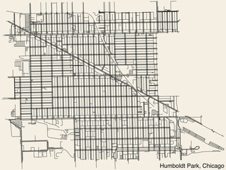 Detailed hand-drawn navigational urban street roads map of the HUMBOLDT PARK COMMUNITY AREA of the American city of CHICAGO, ILLINOIS with vivid road lines and name tag on solid background