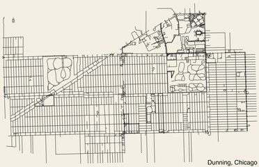 Detailed hand-drawn navigational urban street roads map of the DUNNING COMMUNITY AREA of the American city of CHICAGO, ILLINOIS with vivid road lines and name tag on solid background