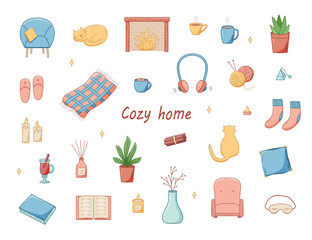 Cozy home set of doodle cartoon icons. Vector illustration elements of home accessories, comfort and everyday life.