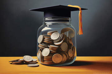 Cost of education concept - graduate hat on glass jar of with coins. Scholarship concept - obrazy, fototapety, plakaty