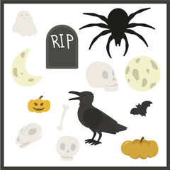 Flat 2D illustration graphics. Halloween set. DarkBlack crow cawing, animal skull, human skull, full moon, half moon, bone, white ghost, thombstone, black spider, pumpkin, carved pumpkin laughing face