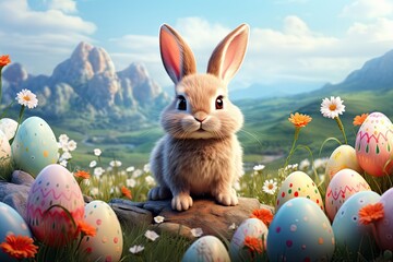 Cute Easter bunny with decorated eggs and spring flowers on a green spring landscape.by Generative AI - obrazy, fototapety, plakaty