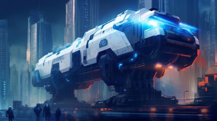 futuristic troop transport train with weapons - obrazy, fototapety, plakaty